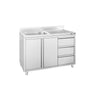 Arbeidsskap med kum i rustfritt stål PREMIUM - 1200x700 mm - 3 skuffer - 1 kum - kum venstre - med oppkant