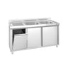 Arbeidsskap med kum i rustfritt stål PREMIUM - 1400x600 mm - med avfallsbeholder - 2 kummer - kum høyre - med oppkant