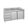 Arbeidsskap med kum i rustfritt stål ECO - 1400x700 mm - 3 skuffer - 2 kummer - kum høyre - med oppkant