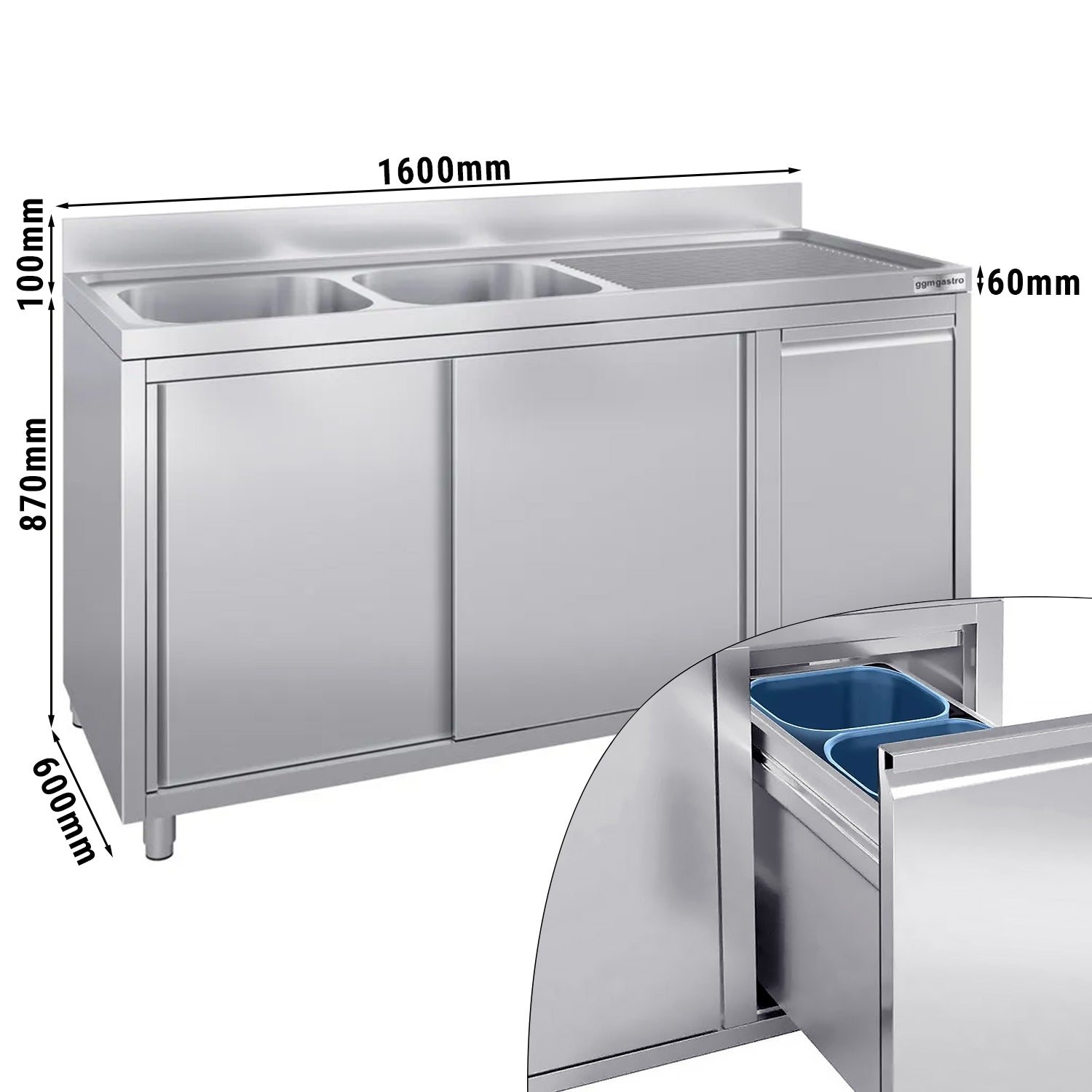 Vaskeskap med søppelbøtte - 1,6m - 2 kummer til venstre - med oppkant og doble dører