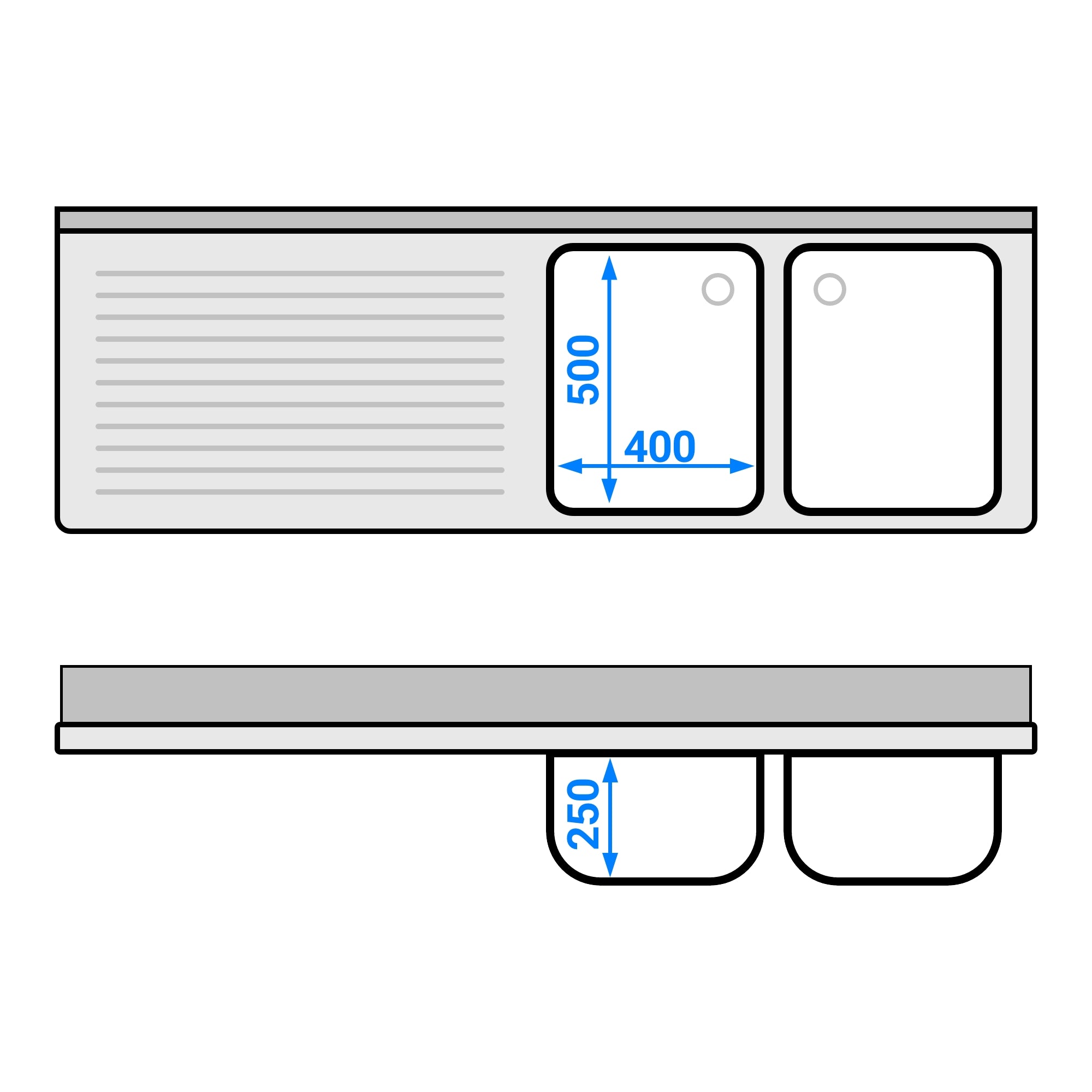 Vaskeskap med 3 skuffer - 1,8 m - 2 kummer til høyre - med oppkant og doble dører