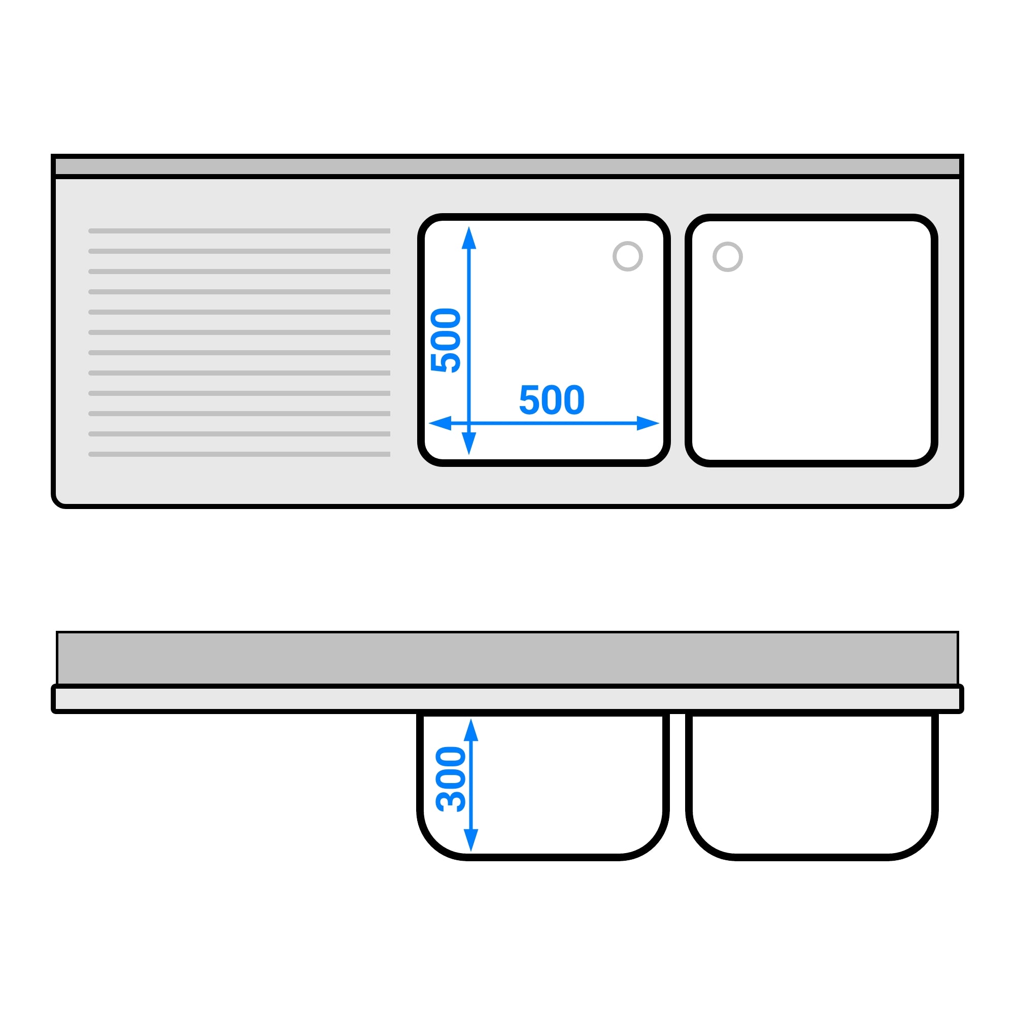 Vaskeskap med 3 skuffer - 1,8 m - 2 kummer til høyre - med oppkant og doble dører