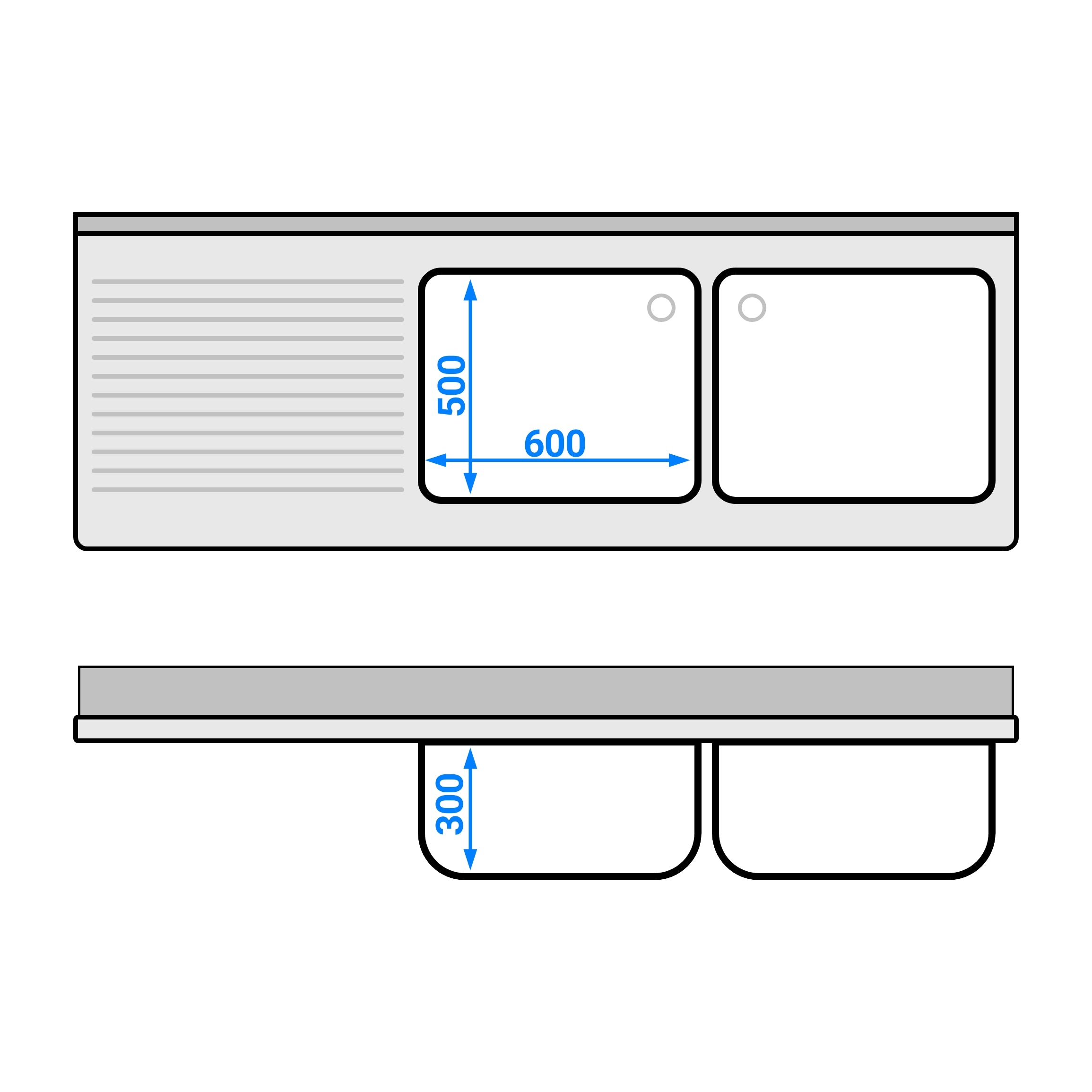 Vaskeskap med 3 skuffer - 2,0 m - 2 kummer til høyre - med oppkant og doble dører