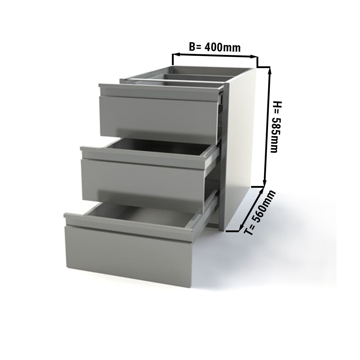 Skuffebord PREMIUM 0,4 m - med 3 skuffer - underbyggmodul til Rustfritt stål arbeidsbord 600 dyp