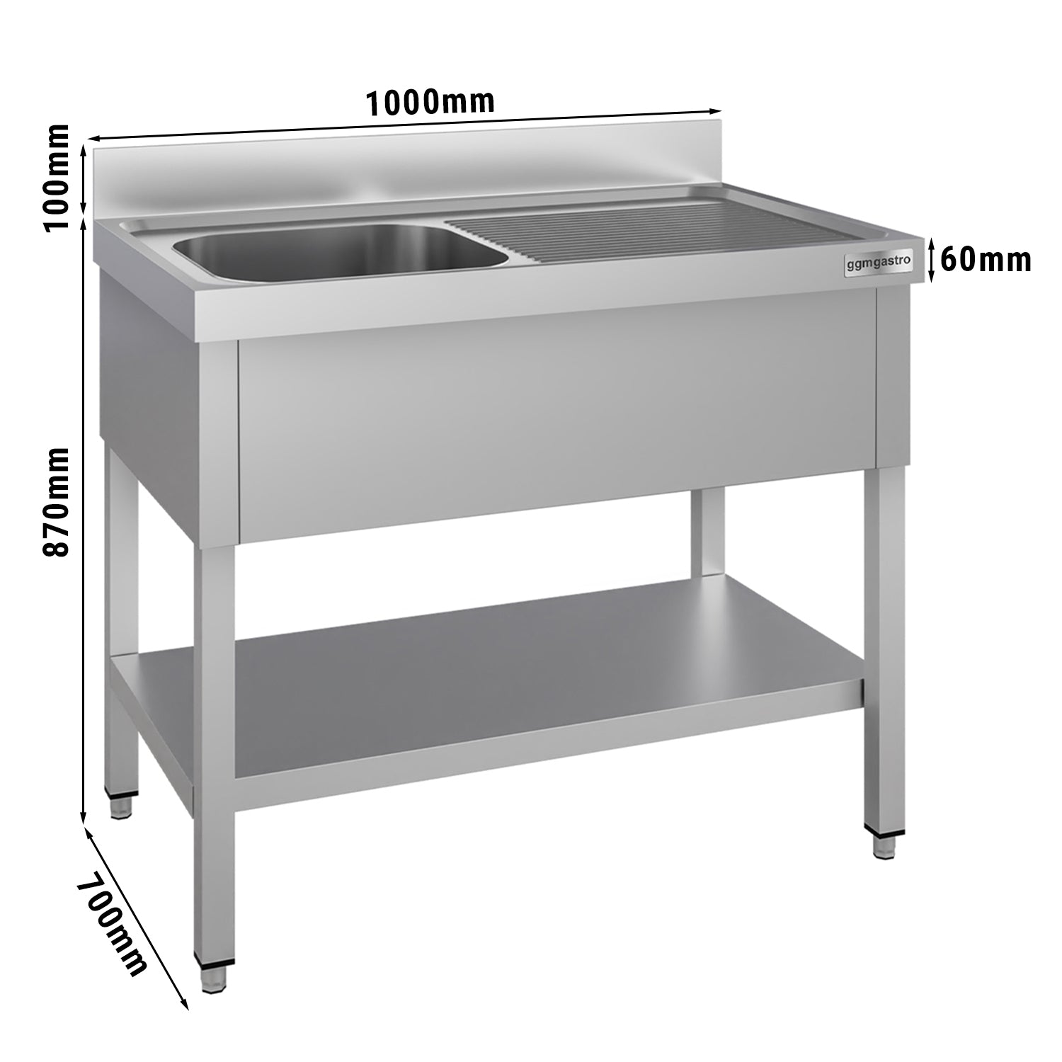 Oppvaskbenk med underhylle 1,0m - 1 kum til venstre L 50 x B 50 x D 30 cm