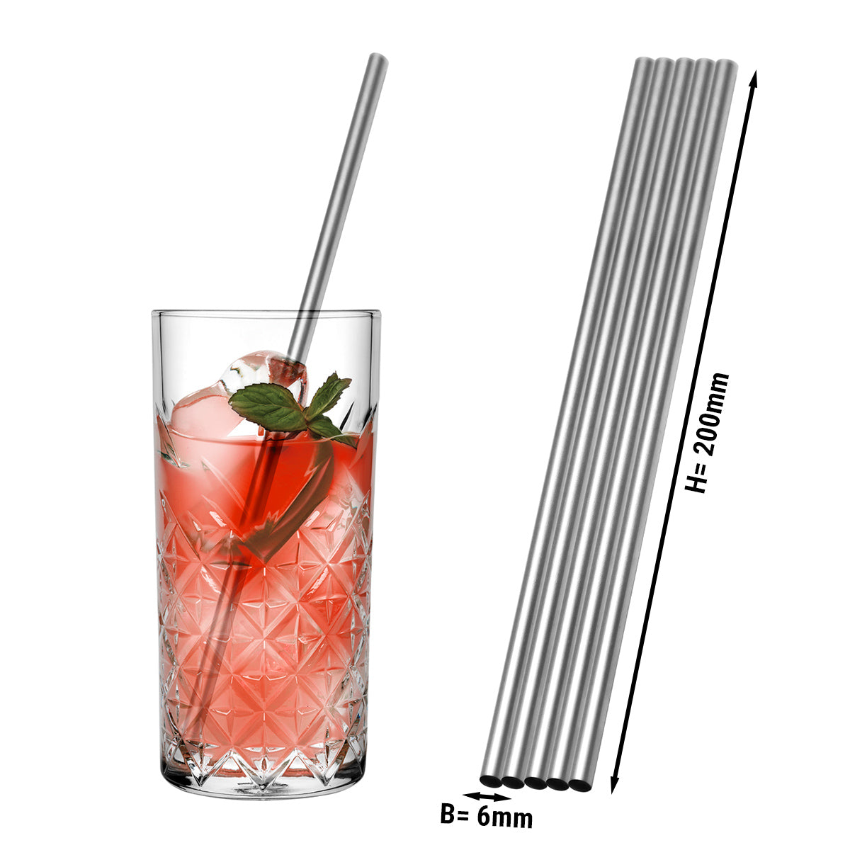 (50 stk.) Drikkesuger i rustfritt stål - 6 x 200 mm - rett