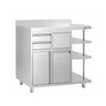 Arbeidsskap – til kaffemaskin – 1200 x 600 mm – med 1 svingdør, 2 skuffer, søppelbøtte, 3 hyller og oppkant