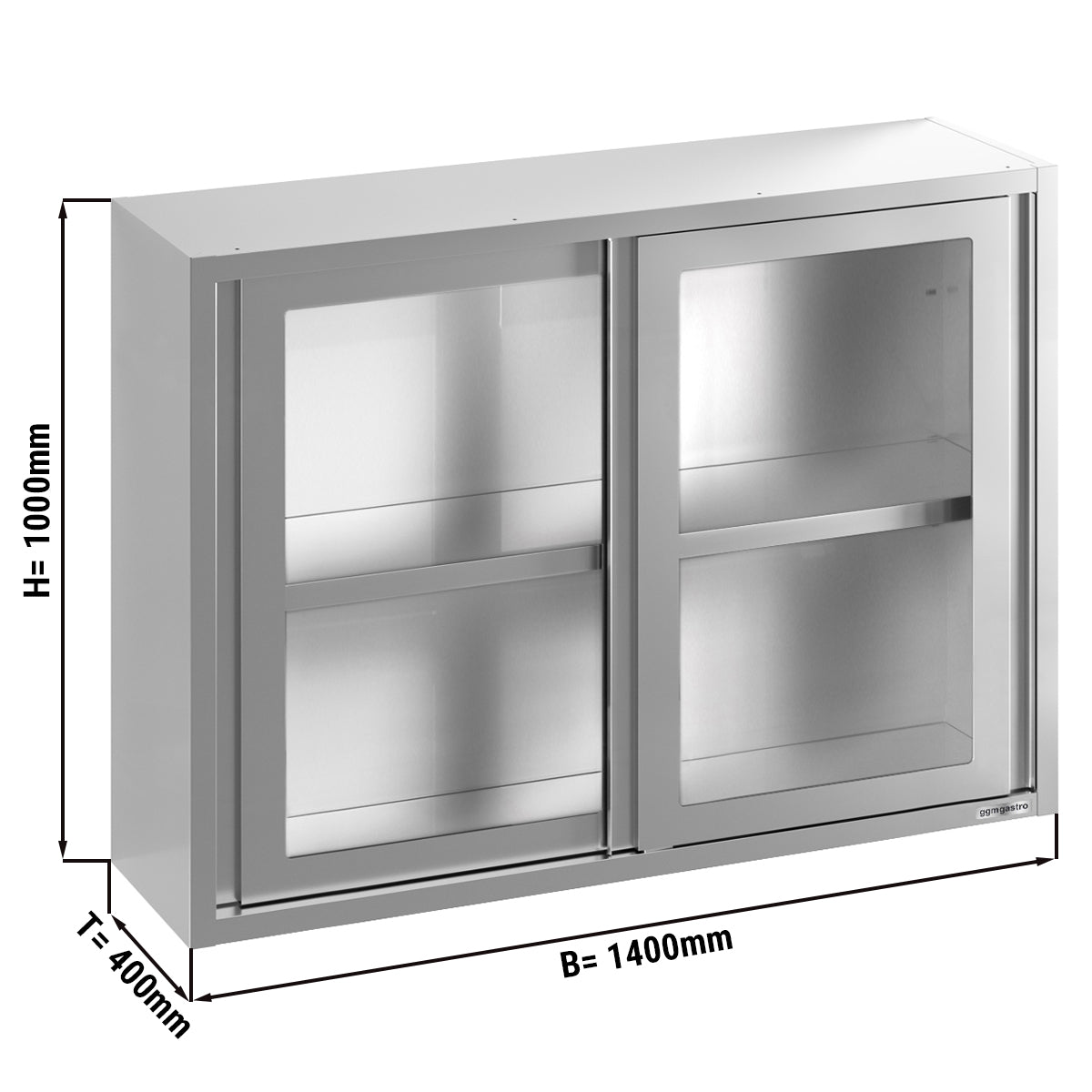 Rustfritt stål Veggskap 1400x400 mm - med Skyve glassdør - Høyde: 1000 mm