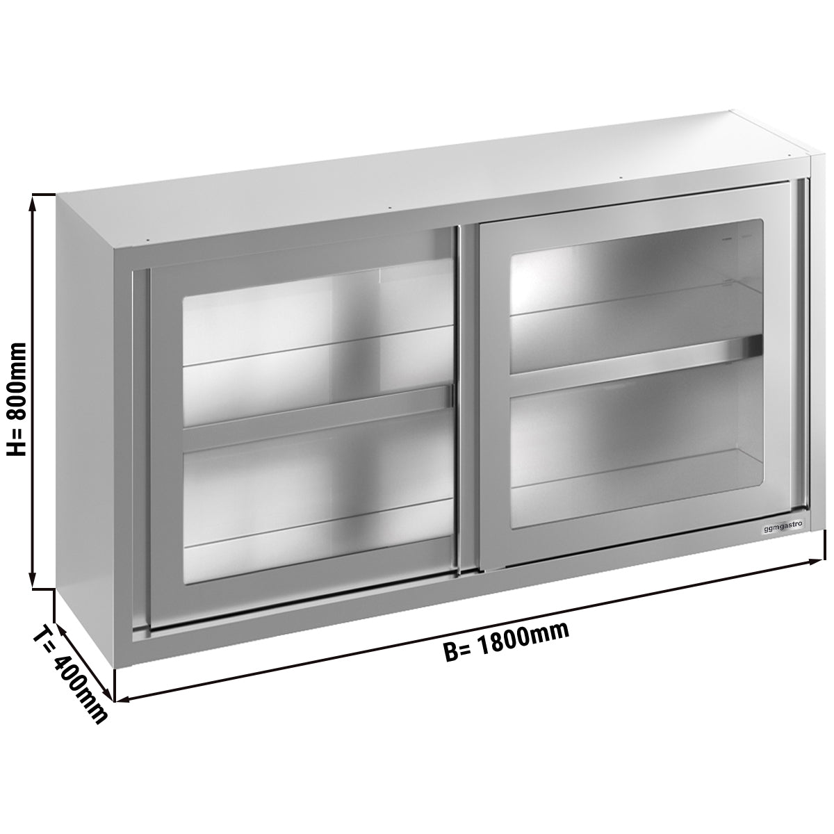 Rustfritt stål Veggskap 1800x400 mm - med Skyve glassdør - Høyde: 800 mm