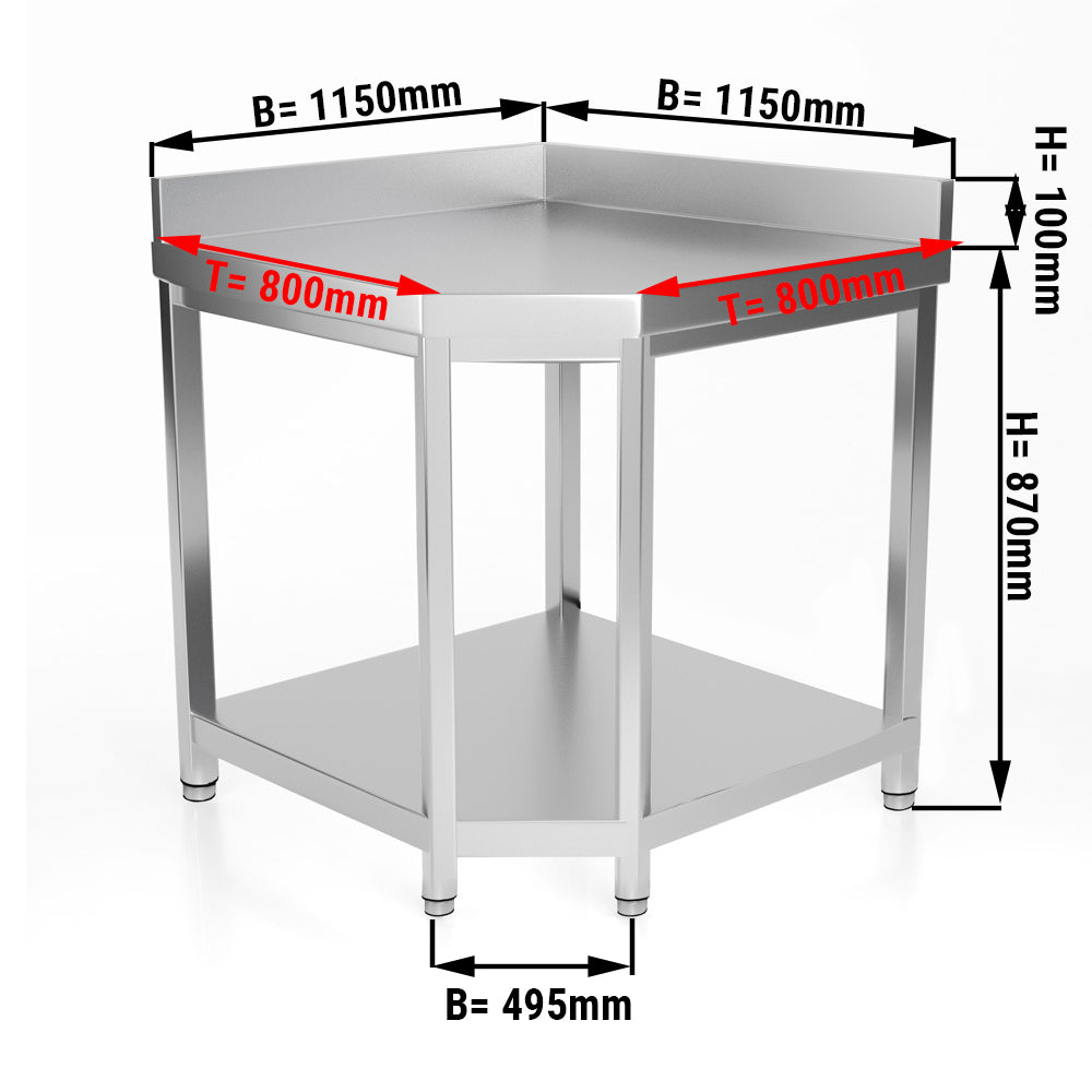 Hjørnebord i rustfritt stål - 1,15 x 0,8 m - med underhylle &amp; oppkant