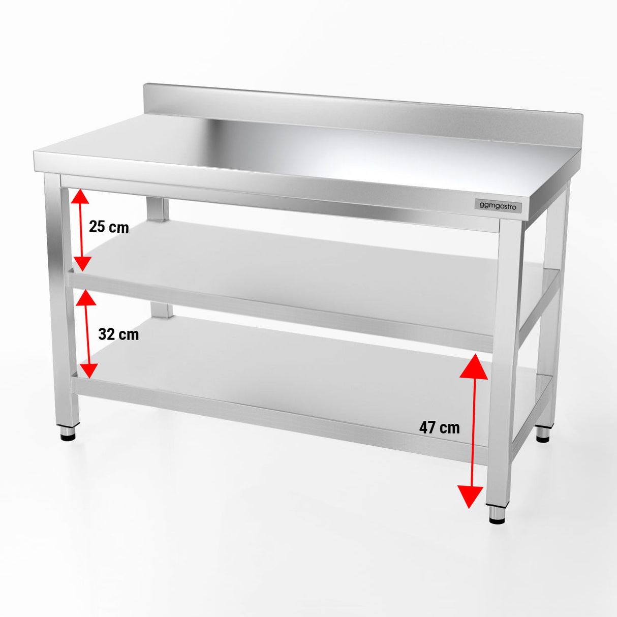 Rustfritt stål arbeidsbord PREMIUM - 1,4 m - med underhylle, mellomhylle &amp; oppkant