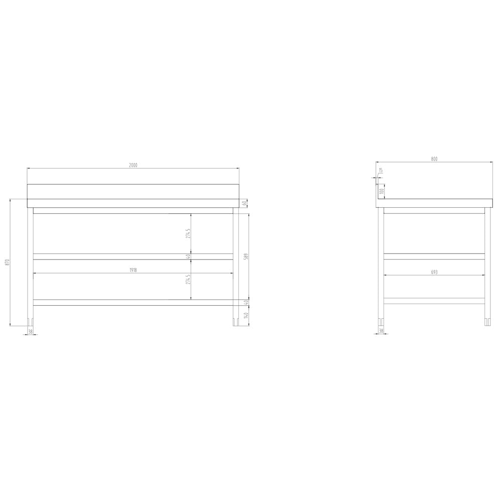 Rustfritt stål arbeidsbord PREMIUM - 2,0 m - med underhylle, mellomhylle &amp; oppkant