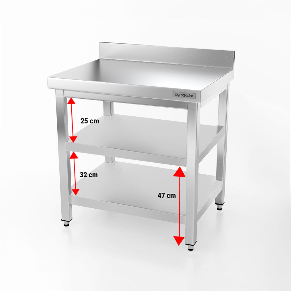Rustfritt stål arbeidsbord PREMIUM - 0,7 m - med underhylle, mellomhylle &amp; oppkant
