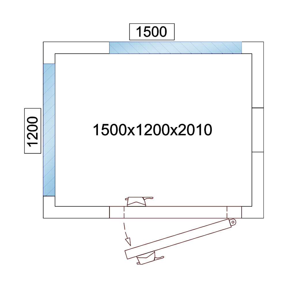 Kjølerom - 1,5 x 1,2 m - høyde: 2,01 m - 2,6 m³ - med 2 glassider