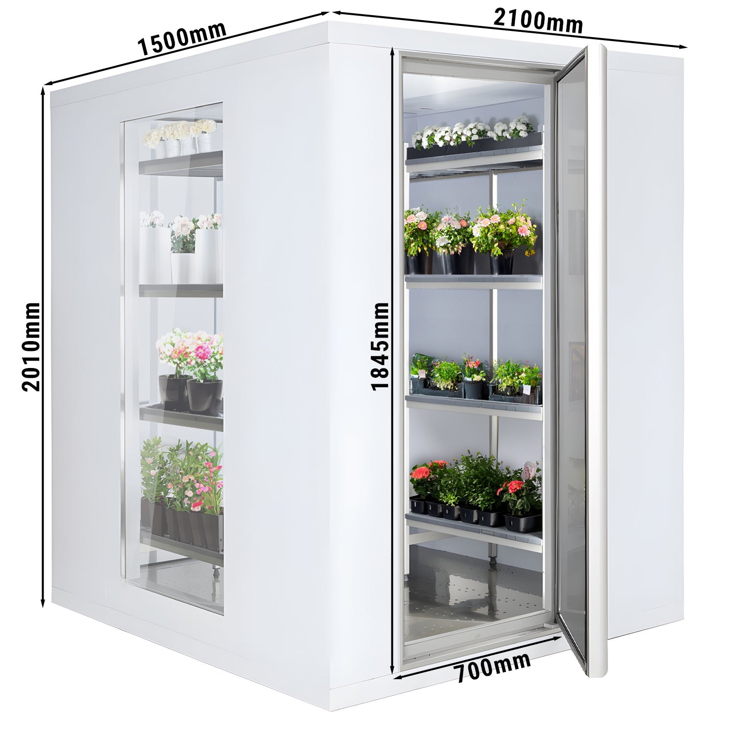 Kjølerom - 2,1 x 1,5 m - høyde: 2,01 m - 4,8 m³ - med 3 glasssider