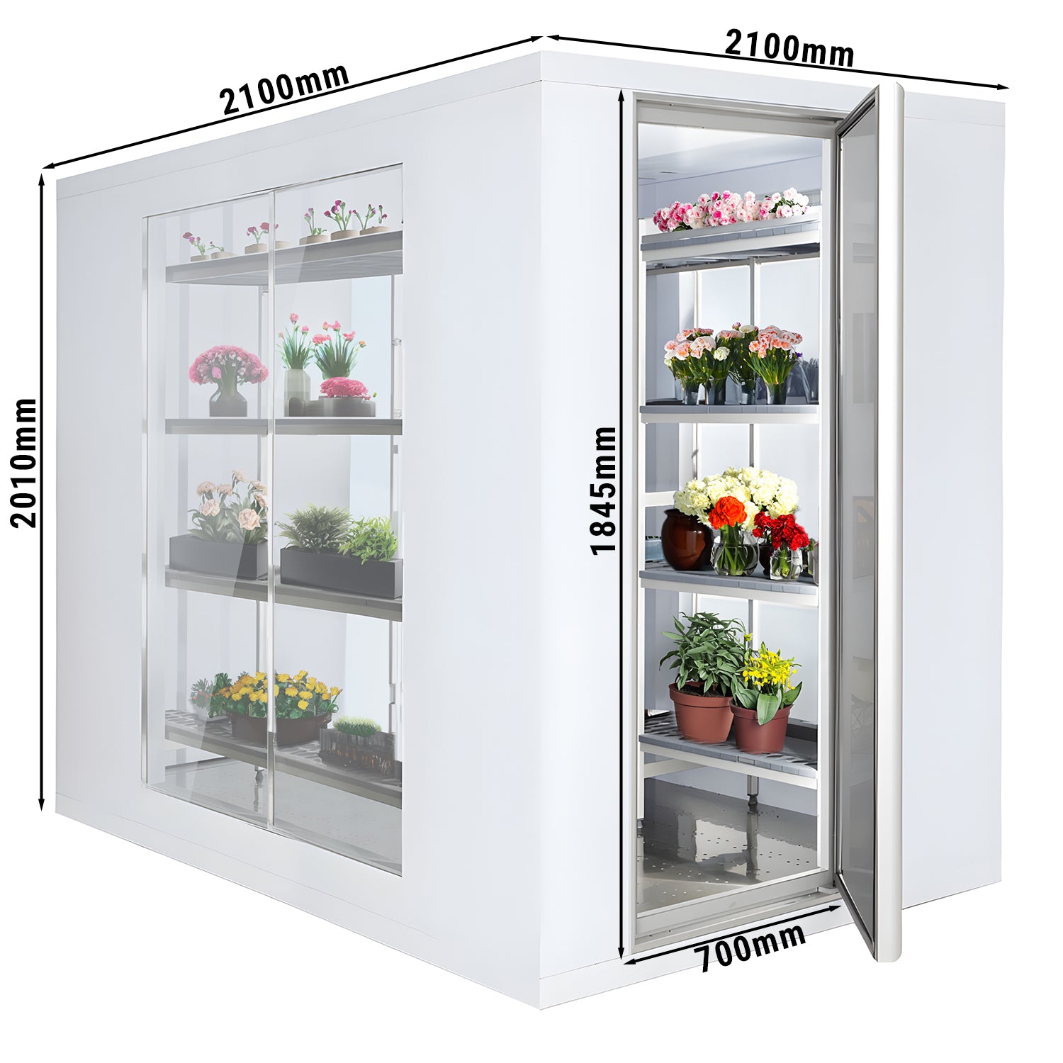 Kjølerom - 2,1 x 2,1 m - høyde: 2,01 m - 6,9 m³ - med 3 glassider