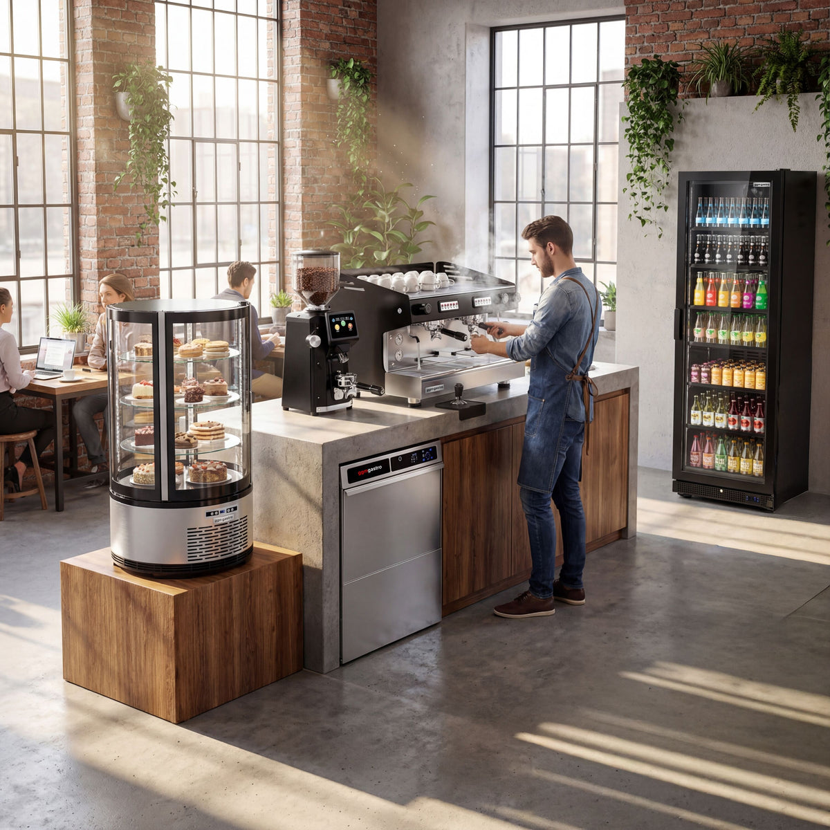 panoramavitirne_kaffeemuehle_gläserspuelmaschine_kaffeemaschine_getraenkekuehlschrank_room