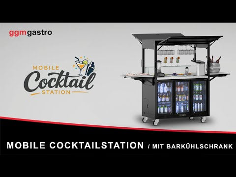 Mobil cocktailstasjon - med barkjøleskap, arbeidsflate, glassplate og LED-belysning - hengslet