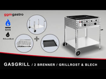 Gassgrill - 10 kW - 2 brennere - inkl. mobil base, grillstativ og brett