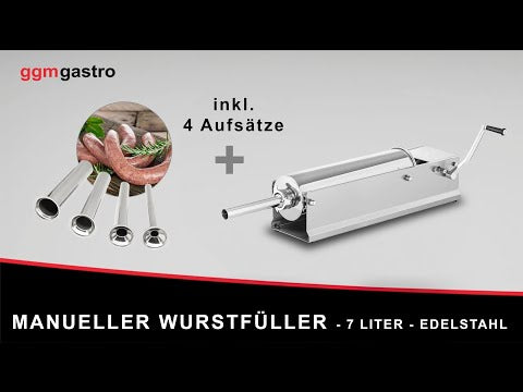 Profesjonell manuell pølsestapper – horisontal - 5 l - i rustfritt stål - inkl. 4 trakter