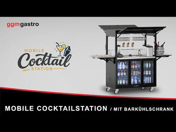 Mobil cocktailstasjon - med barkjøleskap, arbeidsflate, glassplate og LED-belysning - hengslet